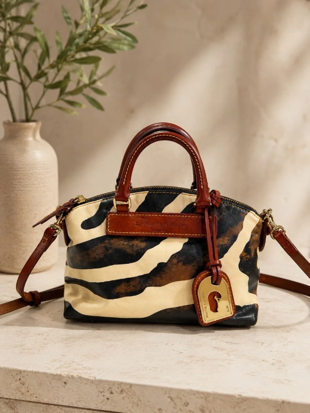 Vintage Dooney & Bourke Florentine Vacchetta Leather Zebra Mini Satchel Bag